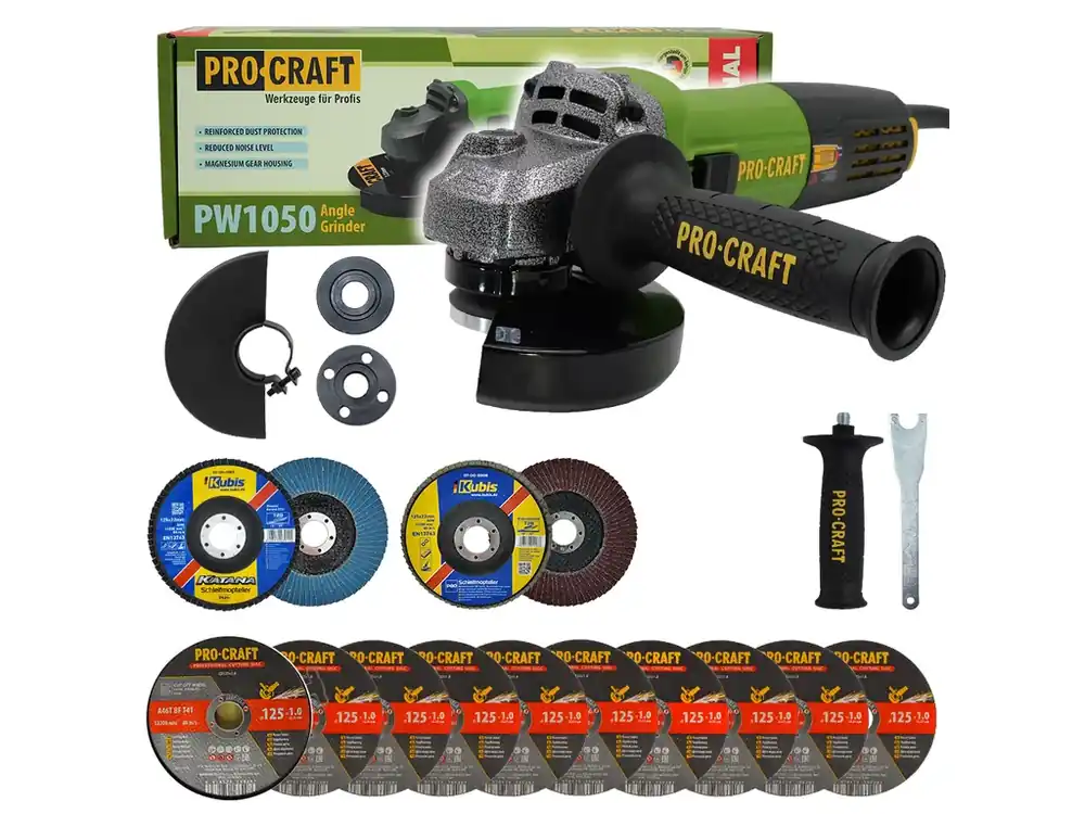 Omezené množství | Bruska úhlová Procraft PW1050 + 10x řezný kotouč, 2x lamelový kotouč SPW1050