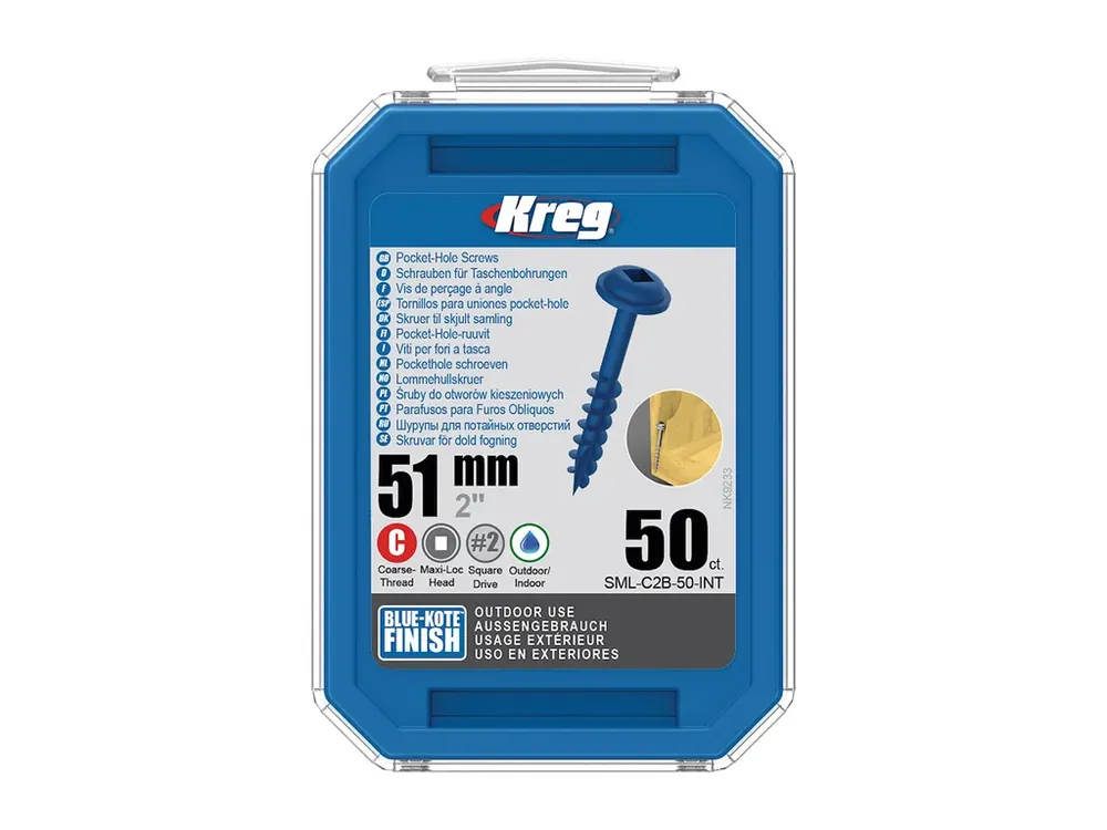 Nový produkt | Kreg Blue-Kote Maxi-Loc Šrouby pro skryté spoje - 51 mm, hrubý závit, 50 ks