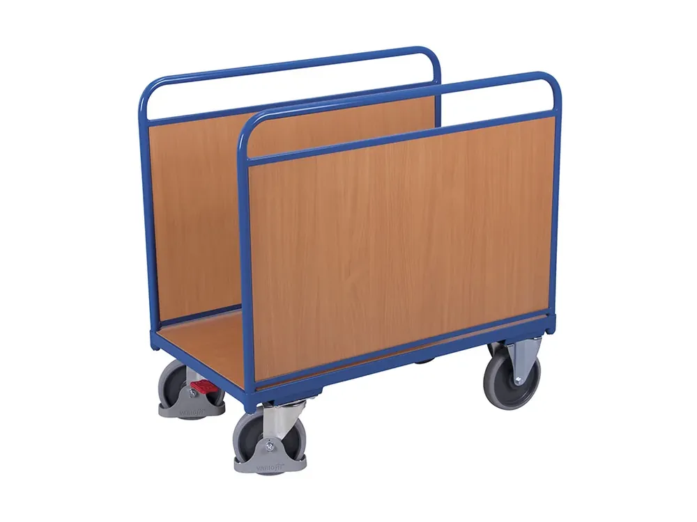 Omezené množství | Plošinový vozík se dvěma plnými stěnami, Variofit, ložná plocha 126 x 74 cm, do 500 kg, modrá/antracit
