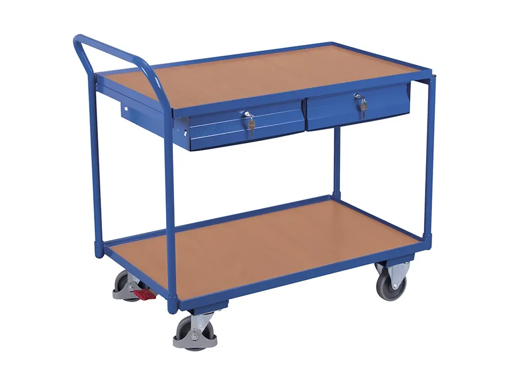 Snadné vrácení | Policový vozík s madlem, 2 zásuvky, Variofit, ložná plocha 98 x 60 cm, do 250 kg, modrá/antracit