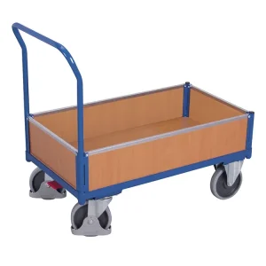 Poslední příležitost | Plošinový vozík s madlem, nízké plné bočnice, Variofit, ložná plocha 86 x 45 cm, do 400 kg, modrá/antracit