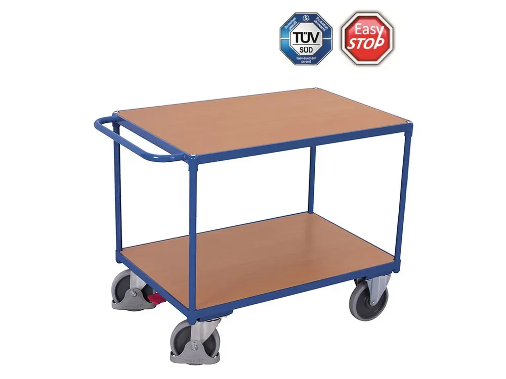 Policový vozík s madlem, Variofit, ložná plocha 100 x 70 cm, do 500 kg, 2 police, modrá/antracit | Bestseller