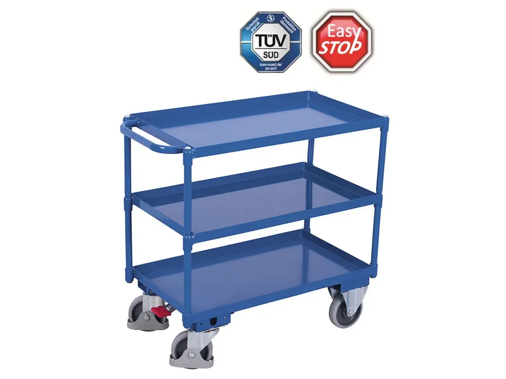 Policový vozík s madlem, Variofit, do 400 kg, 3 police s ohraněním (84 x 49 cm), modrá/antracit - Špičkový produkt