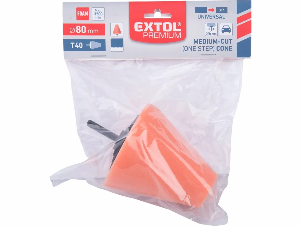 EXTOL PREMIUM kužel leštící pěnový, T40, oranžový, 80mm, stopka 6mm - Akční sleva
