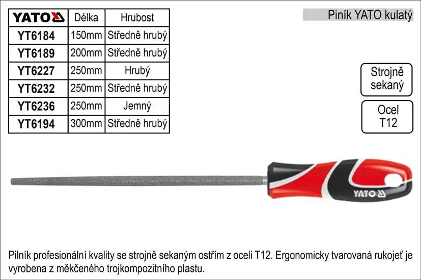 Profesionální kvalita | Pilník YATO kulatý délka 200mm středně hrubý