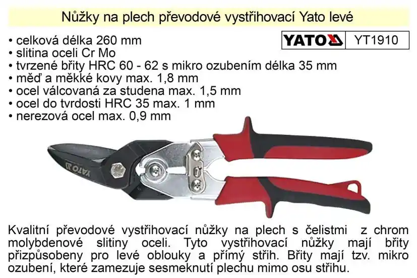 Nůžky na plech převodové Yato levé 260 mm - Doprodej zásob