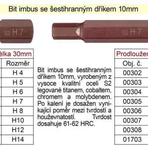 Už jen pár kusů - Bit imbus H10 se šestihranným dříkem 10mm délka 75mm