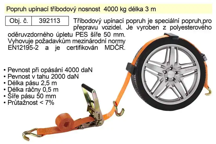 Popruh upínací pás s ráčnou tříbodový 4t/3m/ 50mm - Kvalitní produkt