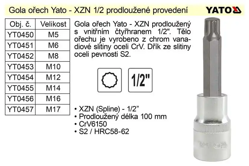 Gola ořech XZN M8 prodloužený 1/2" YT-04352 - Jen po omezenou dobu