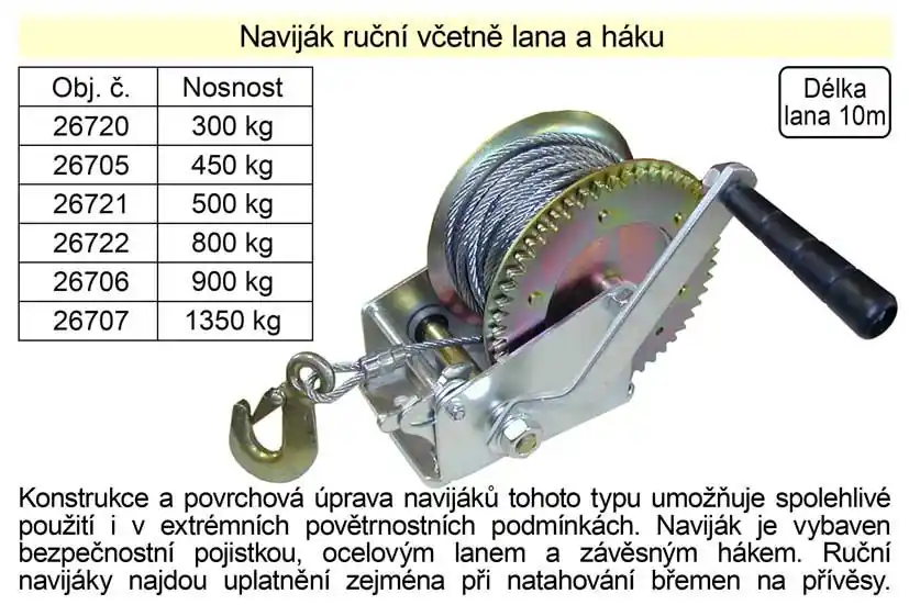 Naviják ruční včetně lana a háku, nosnost 1350kg - Cena od výrobce