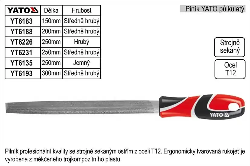 Profesionální kvalita - Pilník YATO půlkulatý délka 250mm hrubý