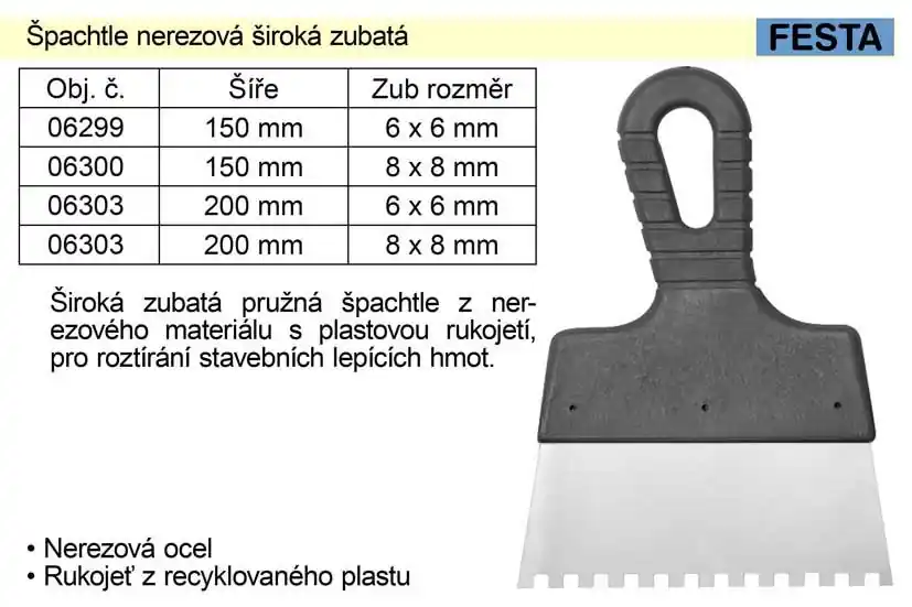 Zlevněno - Špachtle nerezová 150mm zubatá zub 6x6mm