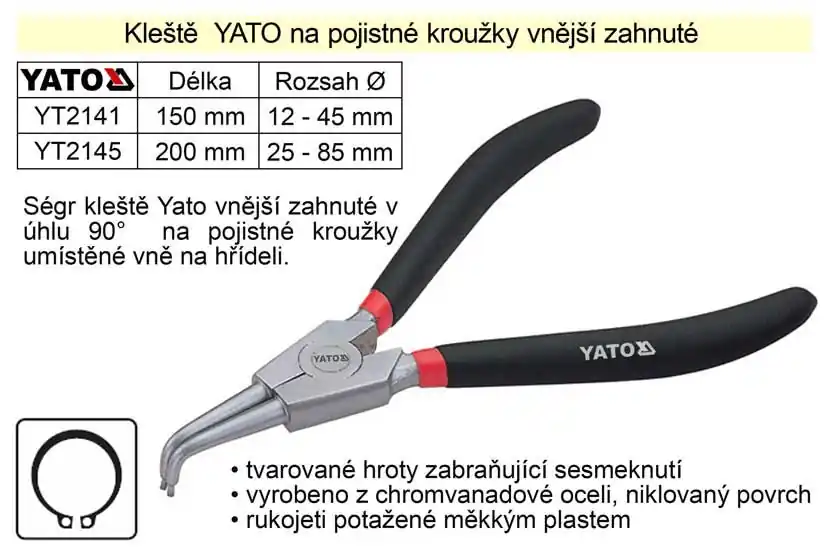 Kleště YATO na pojistné kroužky 200 mm vnější zahnuté | Přímo z výroby