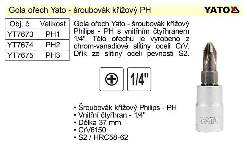Gola ořech 1/4" šroubovák křížový PH1 YT-7673 | Přímo od výrobce