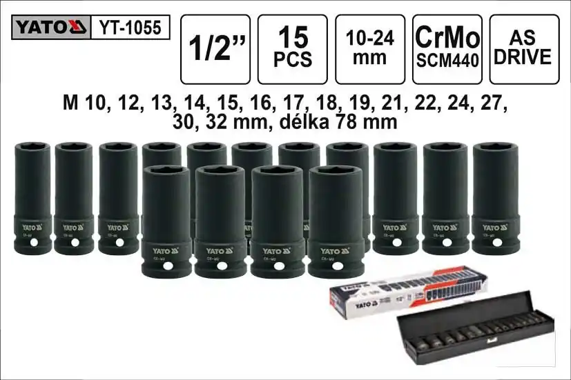 YATO Gola ořechy šestihranné kované prodloužené 1/2" sada 15 kusů 10-32mm YT-1055 - Speciální cena