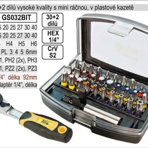 K dispozici - Bity sada 30+2 vysoké kvality s mini ráčnou, v plastové kazetě
